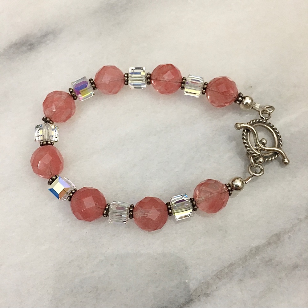Vintage Artisan Cherry Quartz & Swarovski Cube Crystal Bracelet Never Worn